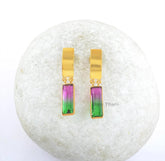 Watermelon Tourmaline Earrings-Bio Watermelon Tourmaline Quartz 6x17mm Rectangle Baguette Sterling Silver Earrings-Gold Plated Earrings